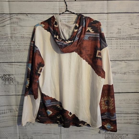 Geo print womans size large lightweight hoodie with pocket brown and cream - Picture 2 of 4
